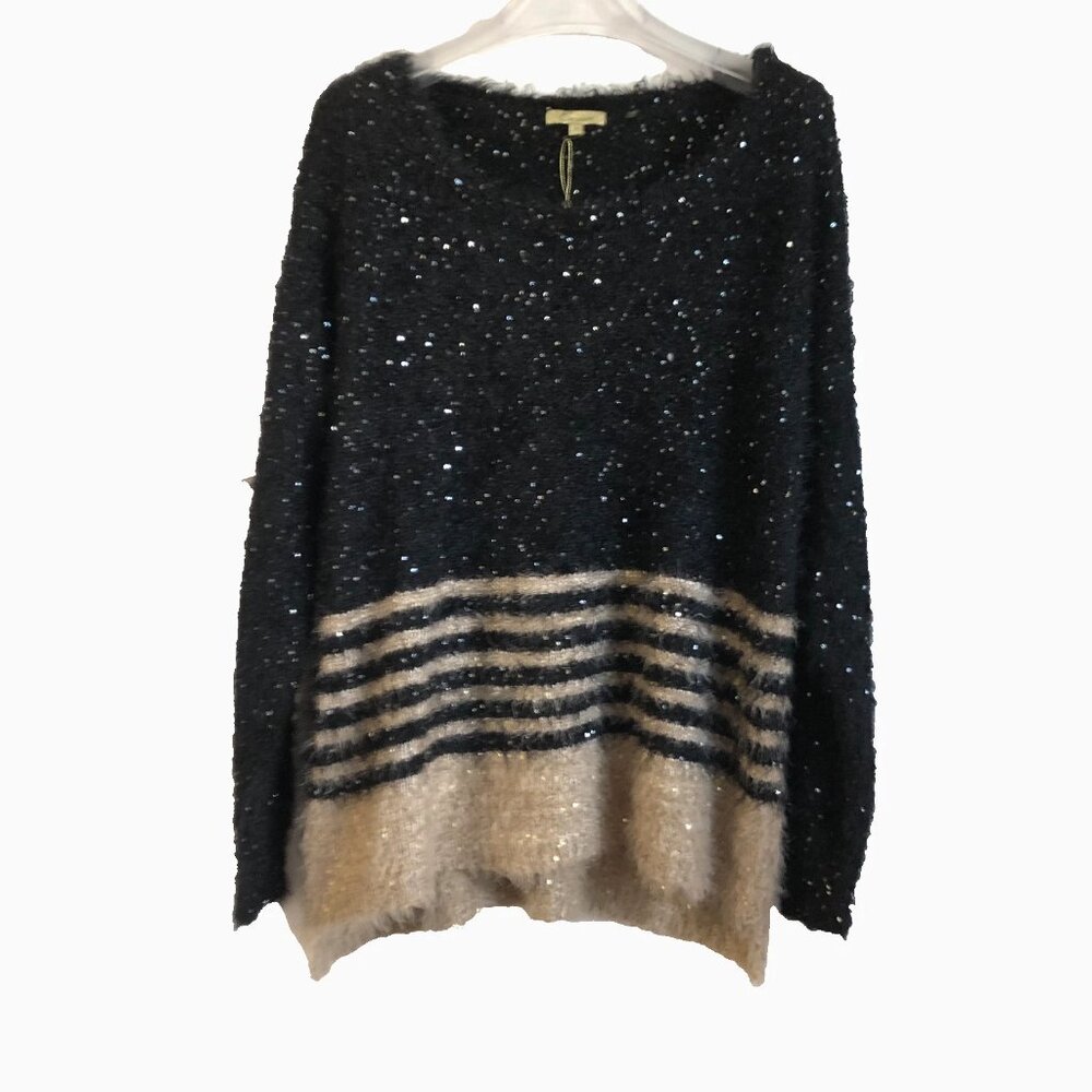NEW Cecico Fuzzy soft boat neck sparkle gold sequins sweater black beige Large